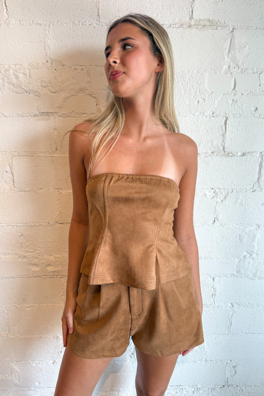 Sahara Suede Top, Suede Top, Fall Outfits, Tops, Strapless Top, Adeline Boutique, Dallas Boutique, Set, Matching Set, Game Day Outfit