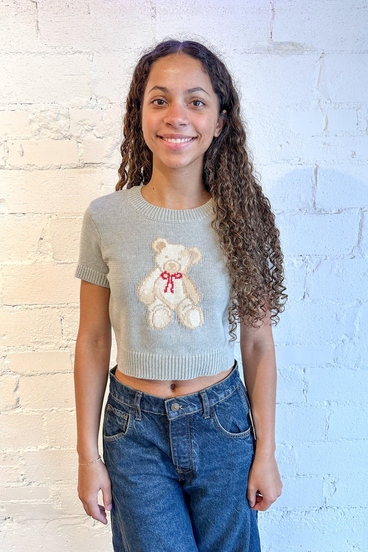 Short Sleeve Teddy Bear Red Bow Sweater, Sweater, Adeline Boutique