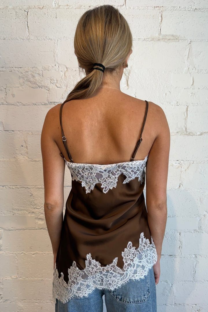 Brown top with lace, brown silk top, silk and lace top 