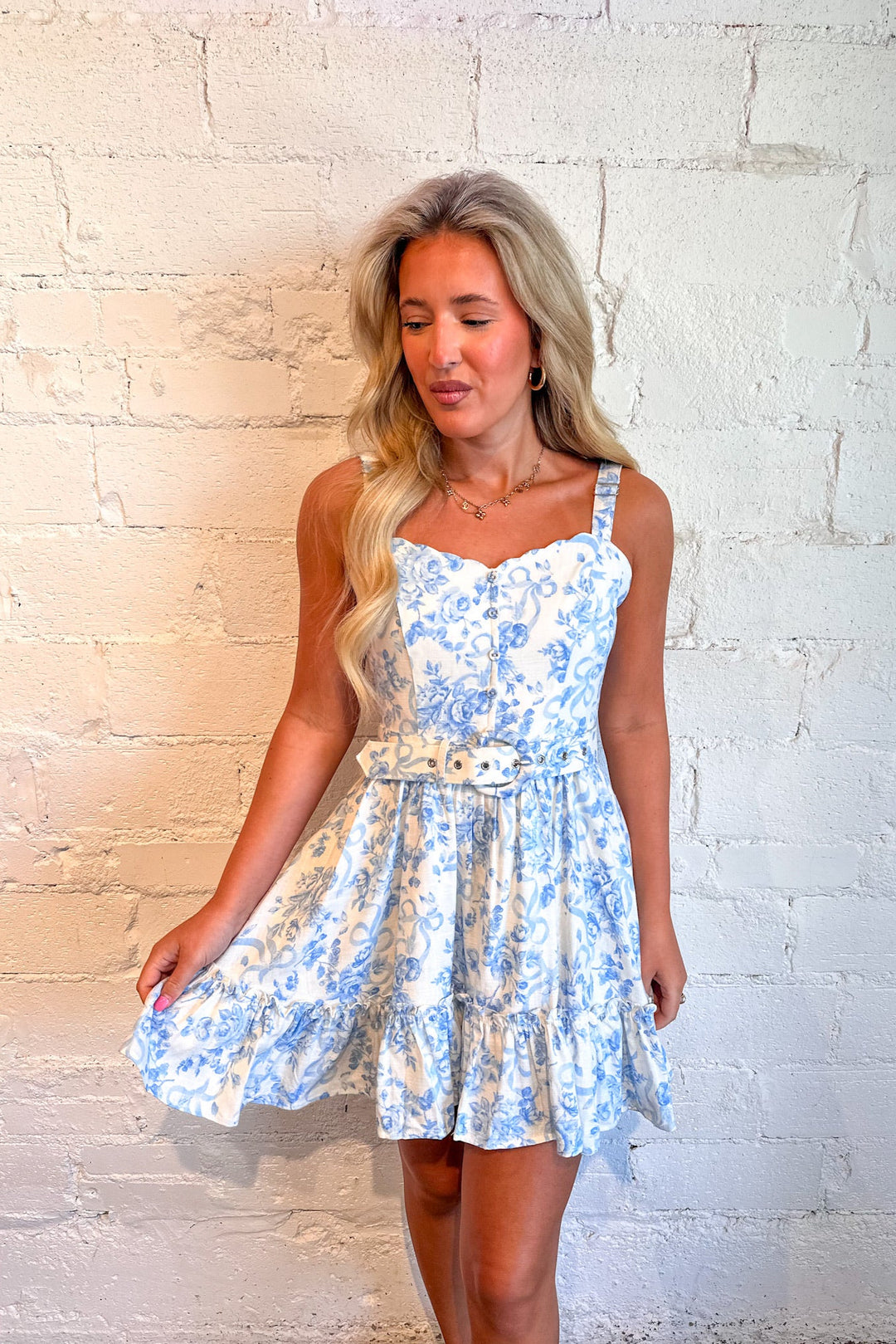 Sky Petal Picnic Belt Mini Dress, Floral Dress, Spring and Summer Dresses, Brunch Dress, Adeline Boutique, Dallas Boutique