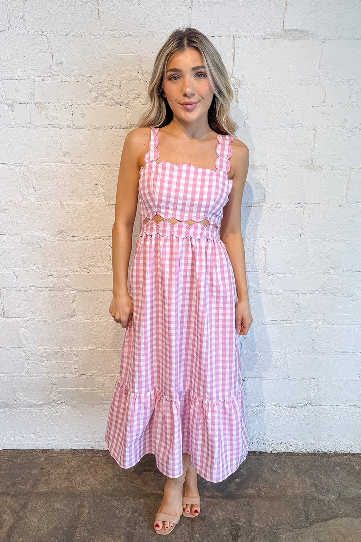 Spring Gingham Scallop Detailed Dress, Pink Gingham Dress, Maxi Dress, Spring and Summer Styles, Easter Dress, Vacation Dresses, Adeline Boutique, Dallas Boutique, Boutique Dresses