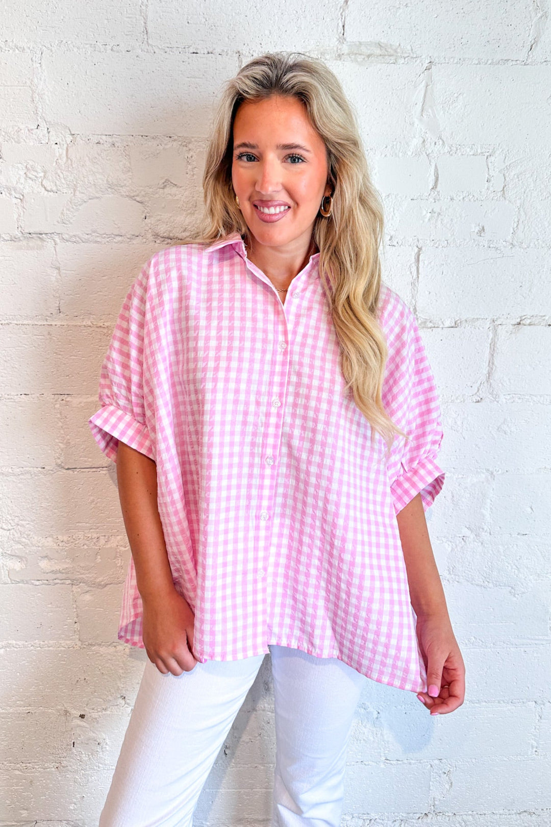 Strawberry Check Top, Button Down Top, Gingham Top, Oversized Top, Spring Tops, Adeline Boutique, Dallas Boutique, Boutique Tops