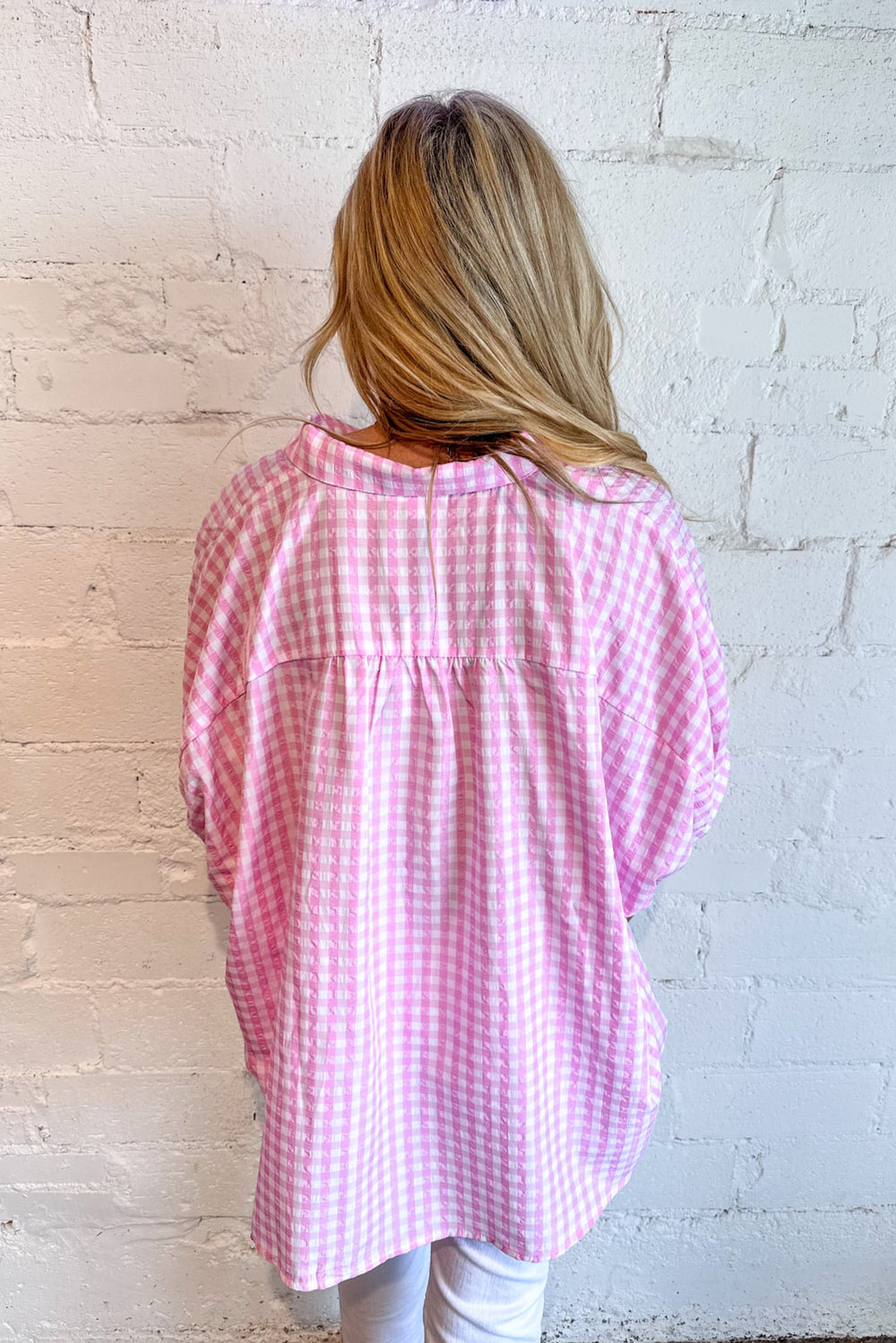 Strawberry Check Top, Button Down Top, Gingham Top, Oversized Top, Spring Tops, Adeline Boutique, Dallas Boutique, Boutique Tops