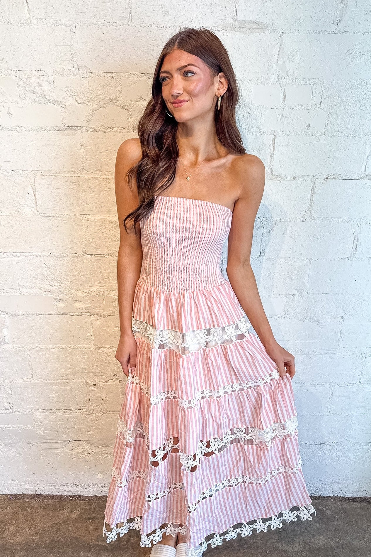 Striped Floral Lace Tube Dress, Striped Maxi Dress, Maxi Dresses, Strapless Maxi Dress, Adeline Boutique, Dallas Boutique, Spring and Summer Styles, Vacation Dresses