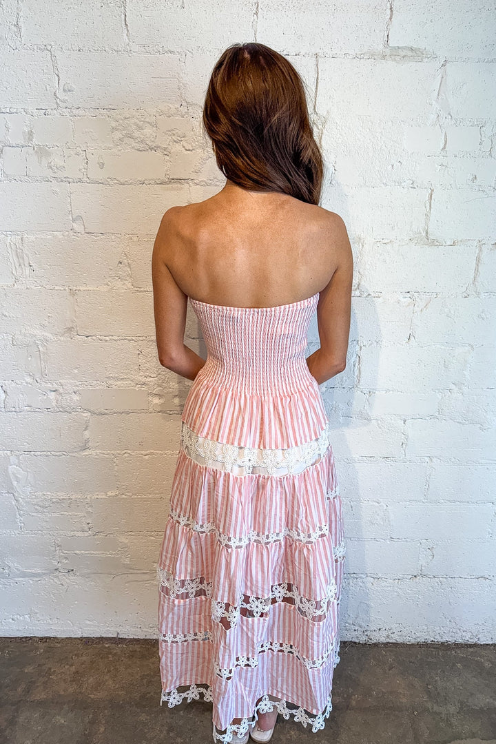 Striped Floral Lace Tube Dress, Striped Maxi Dress, Maxi Dresses, Strapless Maxi Dress, Adeline Boutique, Dallas Boutique, Spring and Summer Styles, Vacation Dresses