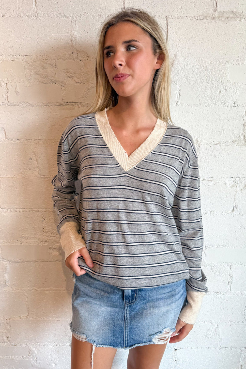 Striped V-Neck Sweater Top, Long Sleeve Top, Tops, Fall Tops, Striped Long Sleeve, Sweaters, Adeline Boutique, Dallas Boutique