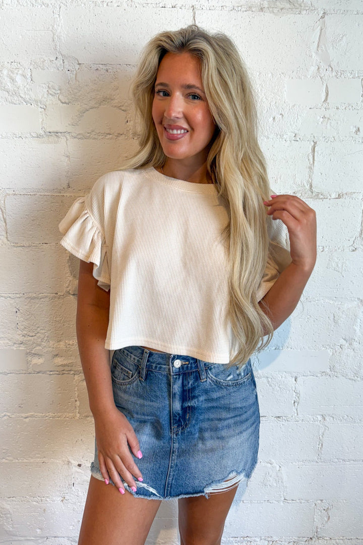 Waffle Knit Ruffle Top, Basic Top, Tops, Back to School Outfits, Summer Styles, Game Day Tops, Adeline Boutique, Dallas Boutique, Boutique Clothing 