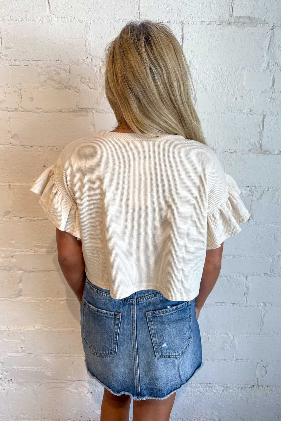 Waffle Knit Ruffle Top, Basic Top, Tops, Back to School Outfits, Summer Styles, Game Day Tops, Adeline Boutique, Dallas Boutique, Boutique Clothing 