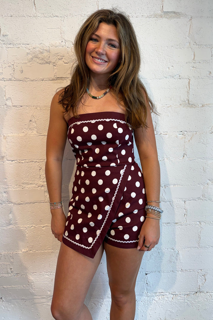polka dot romper, maroon romper, gameday maroon romper, gameday romper, gameday polka dot outfit, gameday outfit 