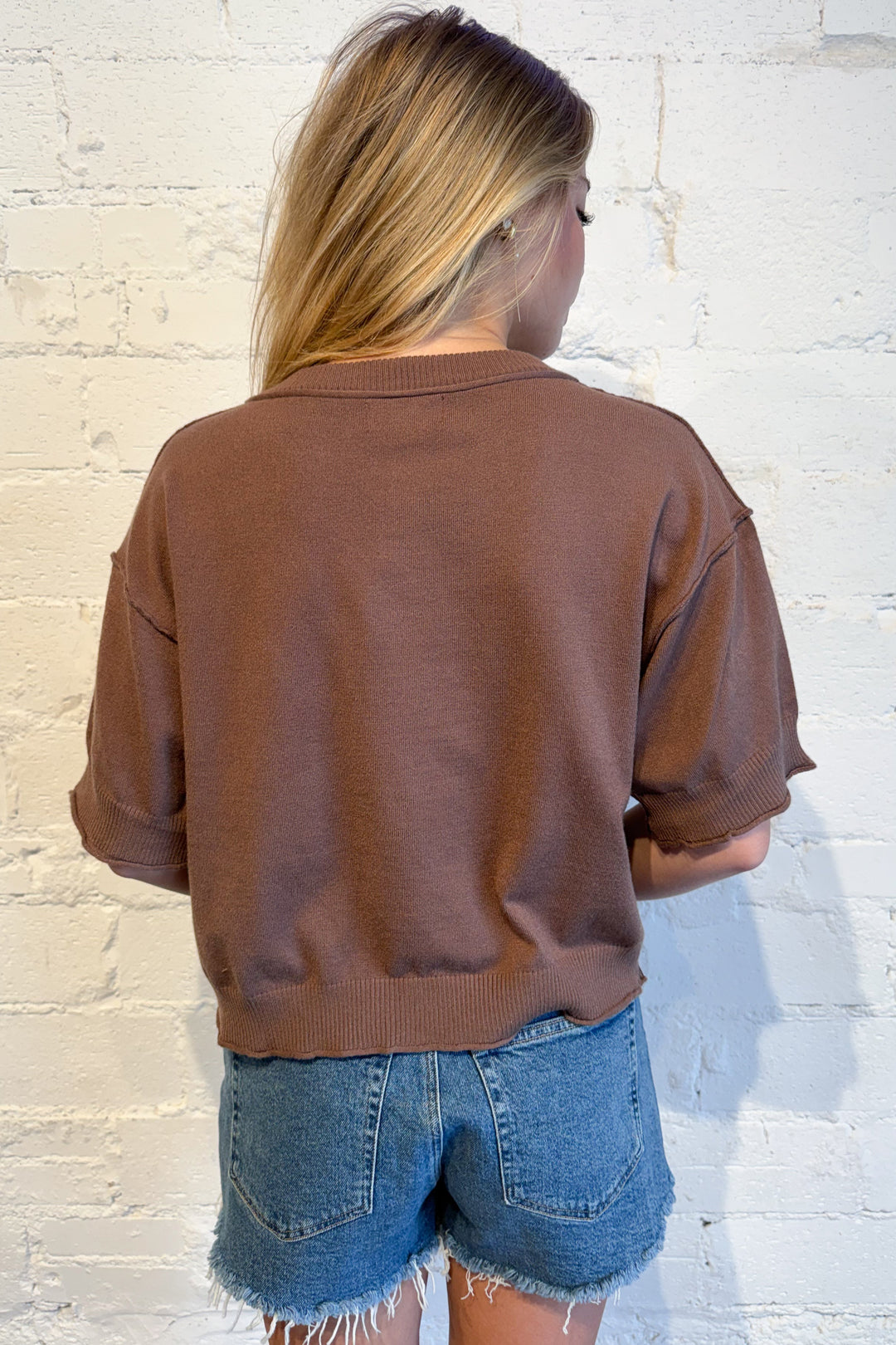 The Rowan Raw Edge Cardigan Brown Back, adeline boutique, dallas boutique, boutique