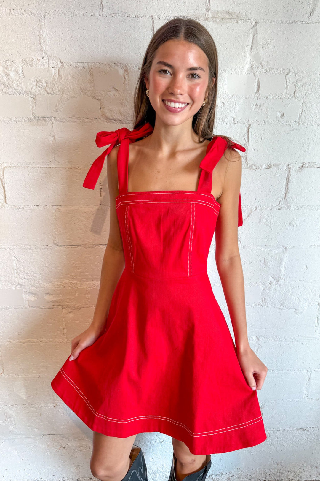 Tie Strap Flowy Mini Dress, Mini Dress, Adeline Boutique, Dallas Boutique, Game Day Dress, Country Concert Outfit, Denim