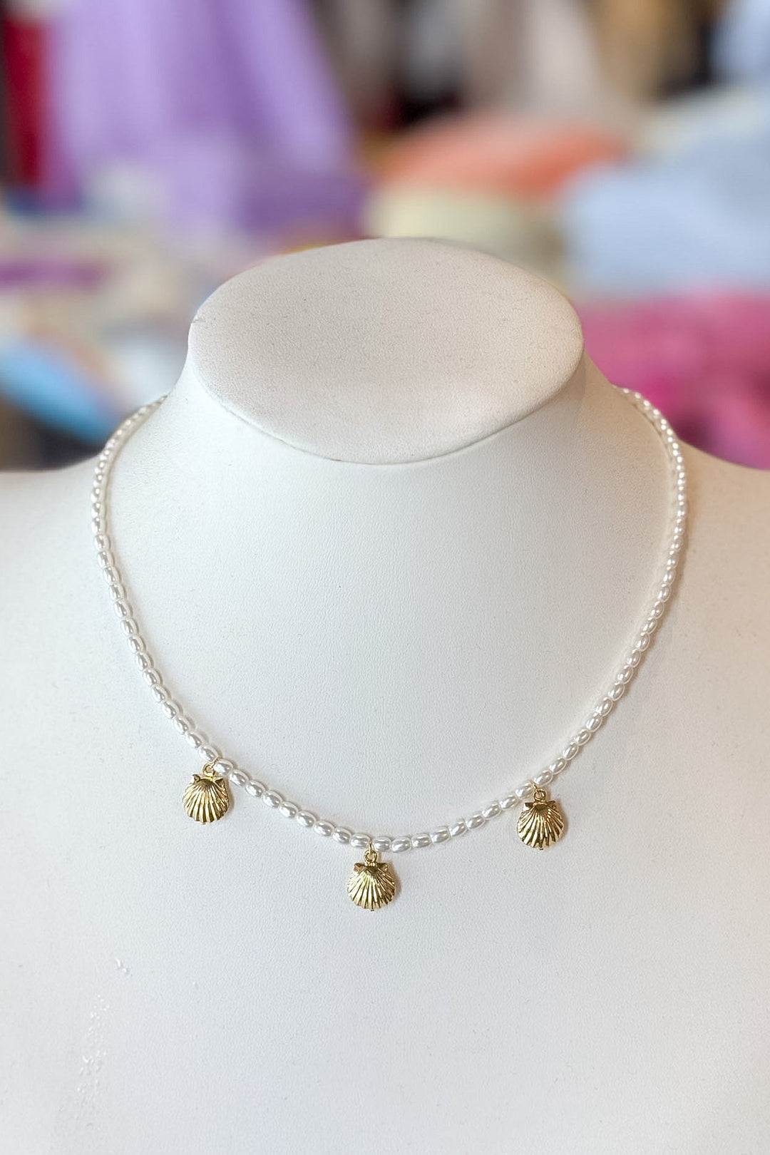 Triple Gold Shell Pearl Necklace, Seashells Necklace, Accessories, Adeline Boutique, Women's Boutique