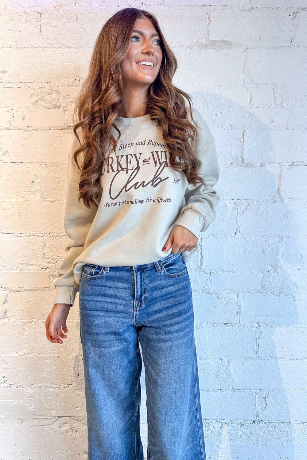 Turkey & Wine Club Oversized Cozy Sweatshirt, Thanksgiving Outfits, Sweatshirts, Sweater Weather, Adeline Boutique, Dallas Boutique 