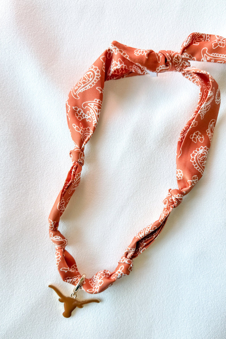 College Bandana Scarf Necklace, College Game Day, Game Day Outfit, Necklace, Accessories, Bandana Scarf, Adeline Boutique, Dallas Boutique, Boutique Jewelry, UT Longhorns Accessories 
