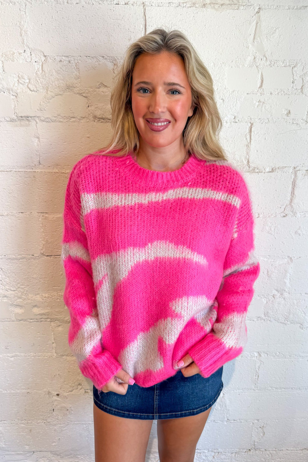 Vibrant Retro Sweater, Sweaters, Fall Knit Sweater, Pink Sweater, Adeline Boutique, Dallas Boutique, Fall Styles