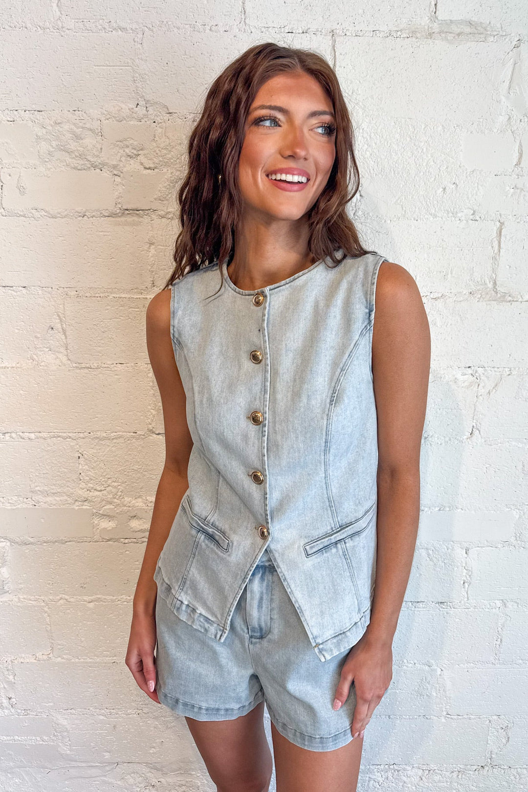 Vintage Button Denim Vest, Denim Vest, Vest, Denim, Set, Two Piece Set, Matching Set, Spring Styles, Adeline Boutique, Dallas Boutique, Denim Set, Tops