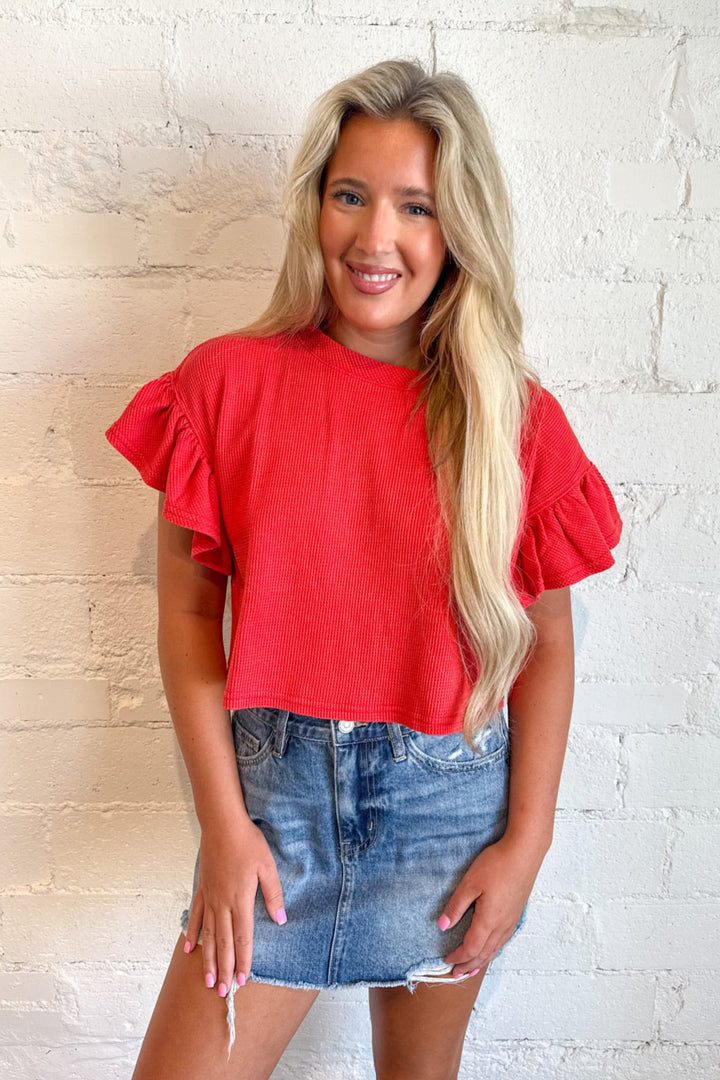 Waffle Knit Ruffle Top, Basic Top, Tops, Back to School Outfits, Summer Styles, Game Day Tops, Adeline Boutique, Dallas Boutique, Boutique Clothing 