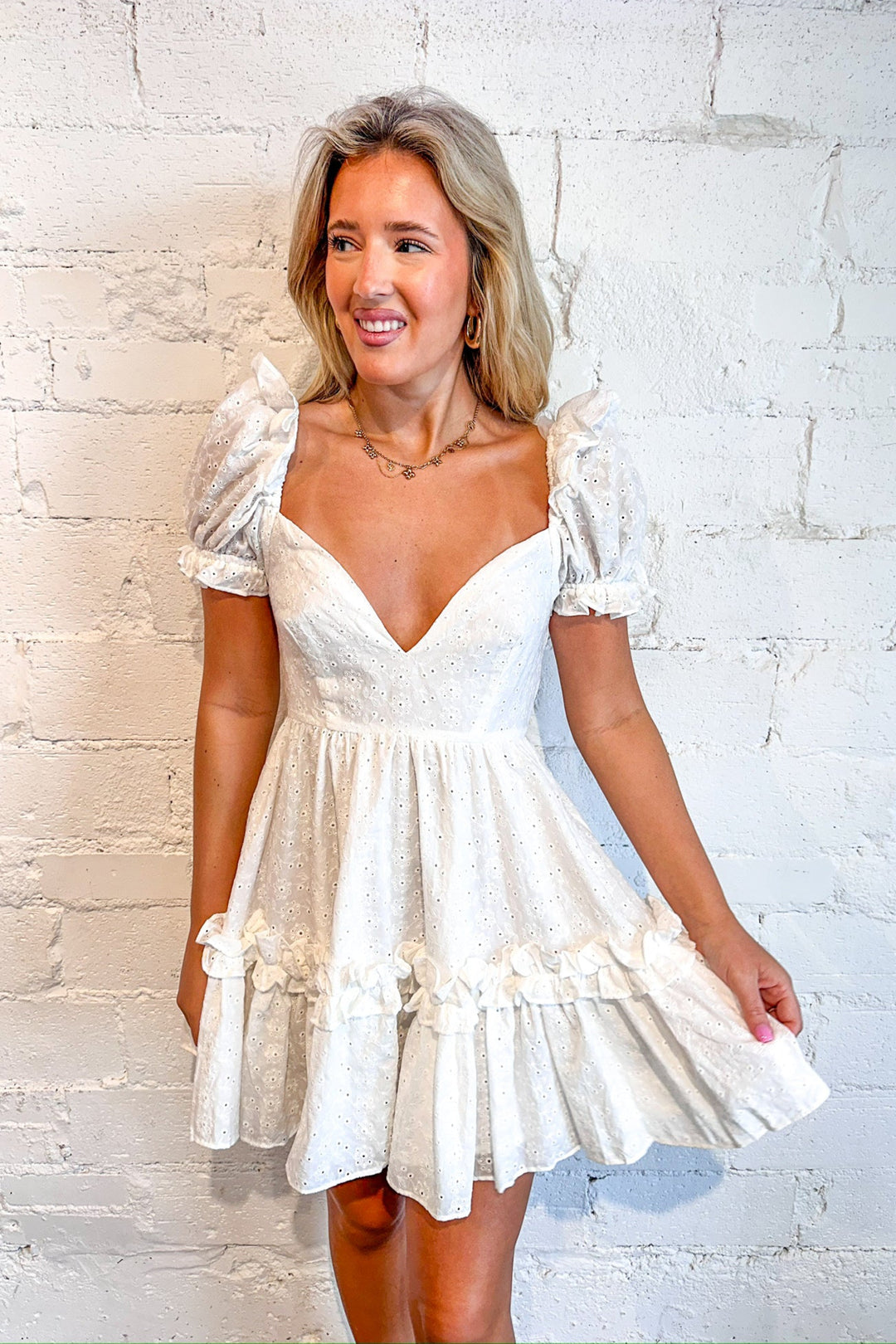 White Ivy Eyelet Ruffle Mini Dress, White Dress, Adeline Boutique, Dallas Boutique, Boutique Dresses, Graduation Dress, Brunch Dress, Summer Dresses