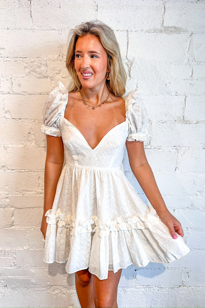 White Ivy Eyelet Ruffle Mini Dress, White Dress, Adeline Boutique, Dallas Boutique, Boutique Dresses, Graduation Dress, Brunch Dress, Summer Dresses