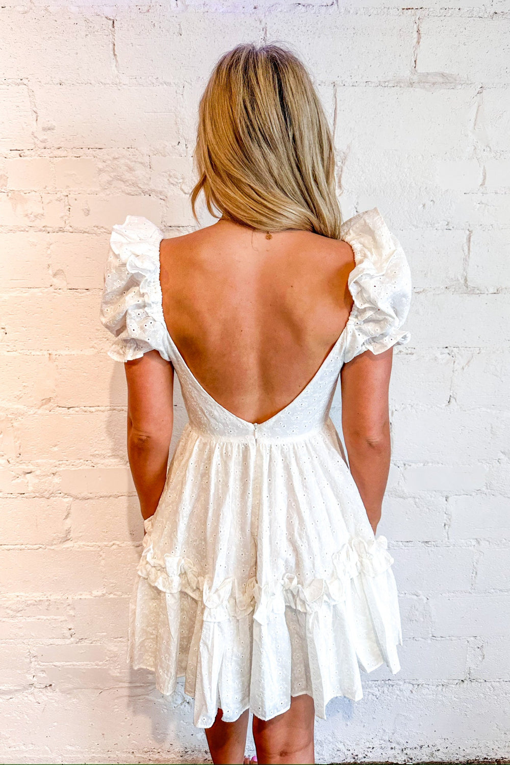 White Ivy Eyelet Ruffle Mini Dress, White Dress, Adeline Boutique, Dallas Boutique, Boutique Dresses, Graduation Dress, Brunch Dress, Summer Dresses