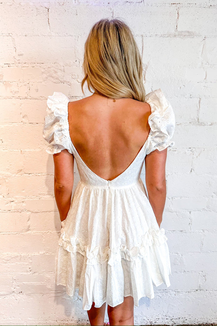 White Ivy Eyelet Ruffle Mini Dress, White Dress, Adeline Boutique, Dallas Boutique, Boutique Dresses, Graduation Dress, Brunch Dress, Summer Dresses