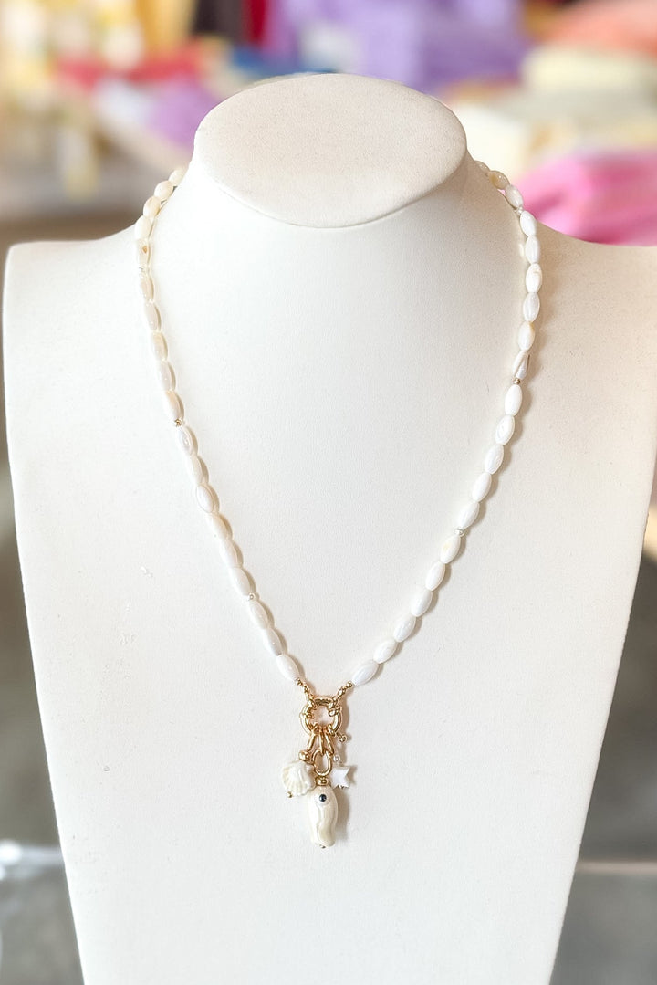 Pearl Fish and Seashell Charm Necklace, Pearl Necklace, Jewelry, Vacation Jewelry, Adeline Boutique, Women's Boutique