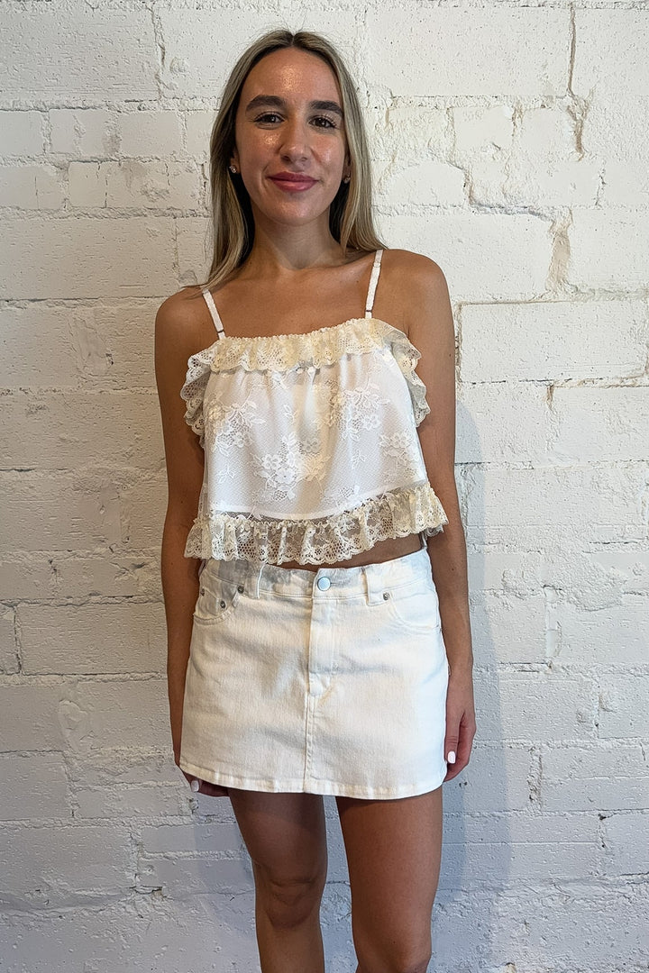 white ruffle top, cream ruffle top, ruffle top