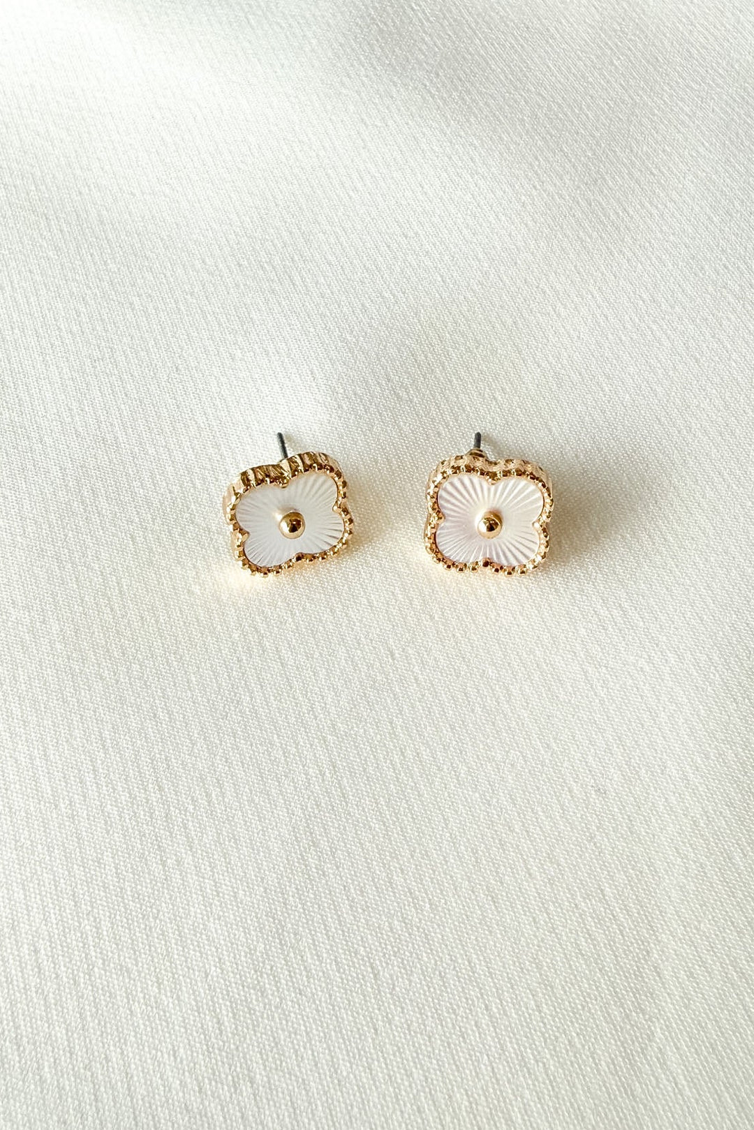 White and Gold Clover Stud Earrings, Clover Earrings, Earrings, Jewelry, Adeline Boutique, Women's Boutique
