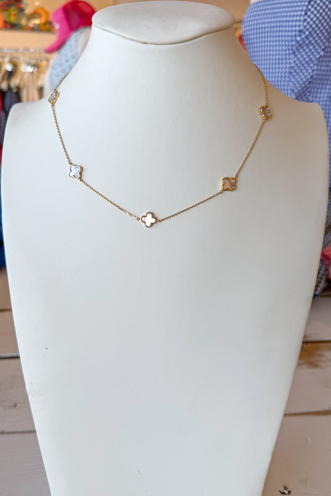 White and Gold Mini Clover Necklace, necklace, necklaces, jewelry, dallas boutique, boutique, adeline boutique