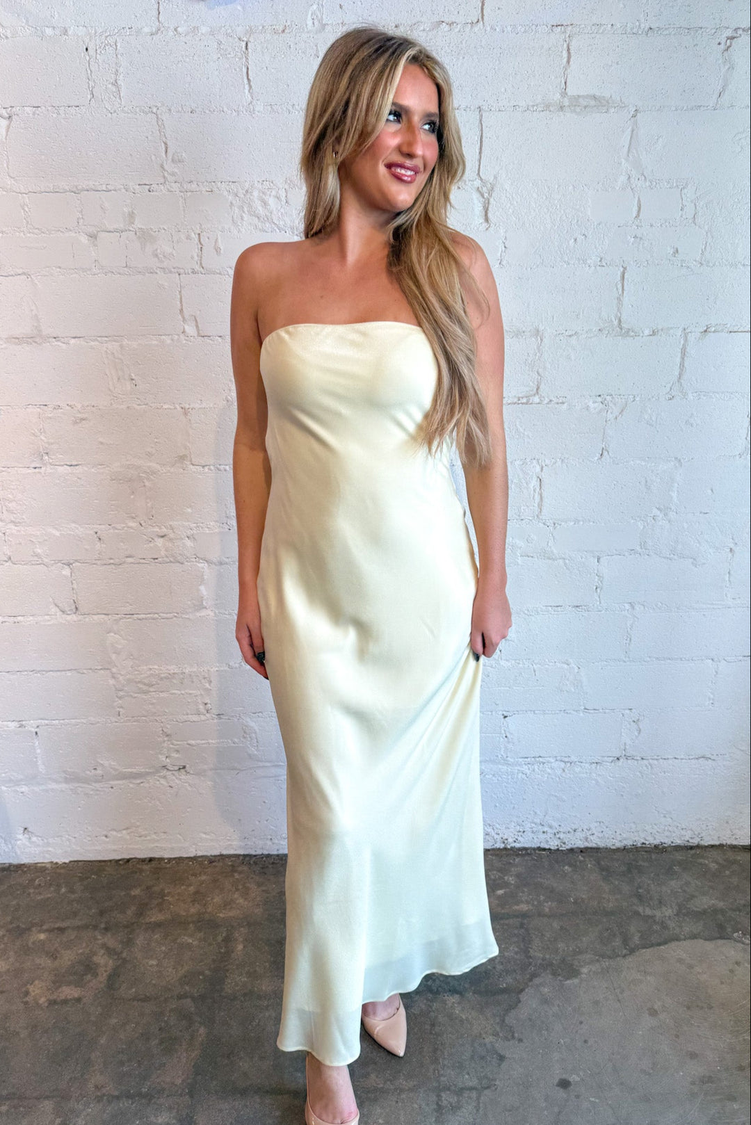 Downtown Strapless Dress, Maxi Dress, Sating Dress, Strapless Maxi Dress, Wedding Guest Dress, Adeline Boutique, Dallas Boutique, Boutique Shopping