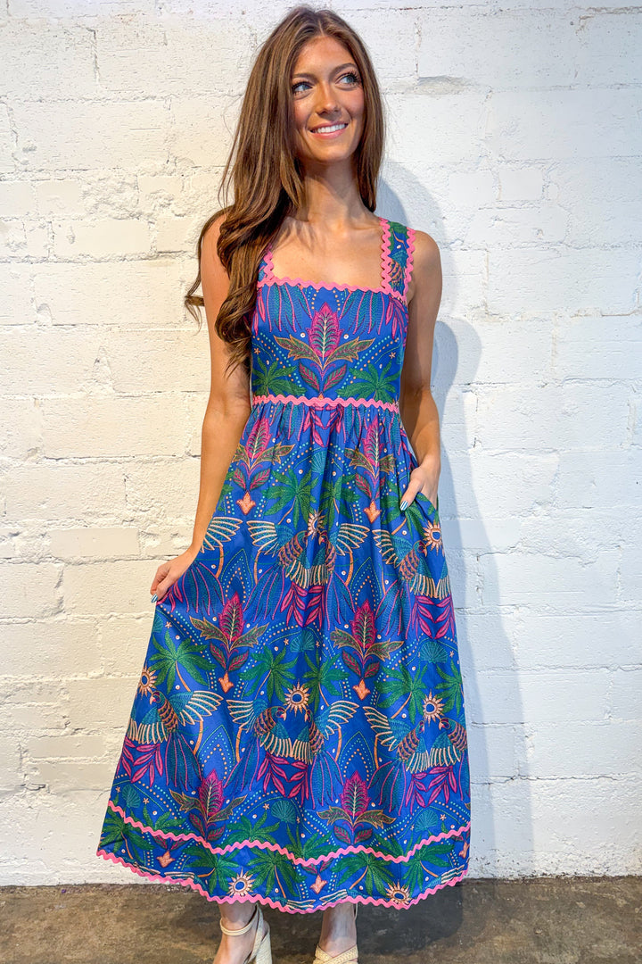 Zoe tropical midi dress, dress, dresses, pattern dress, boutique, dallas boutique