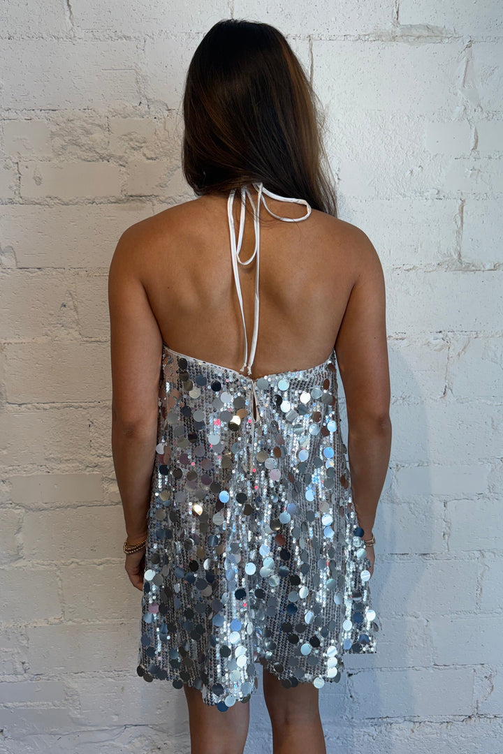 silver halter dress, silver sequin dress, silver sequin halter dress 