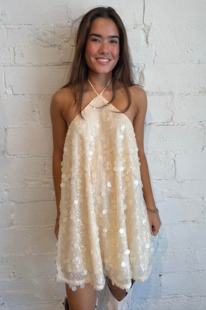 silver halter dress, silver sequin dress, silver sequin halter dress, cream sequin dress