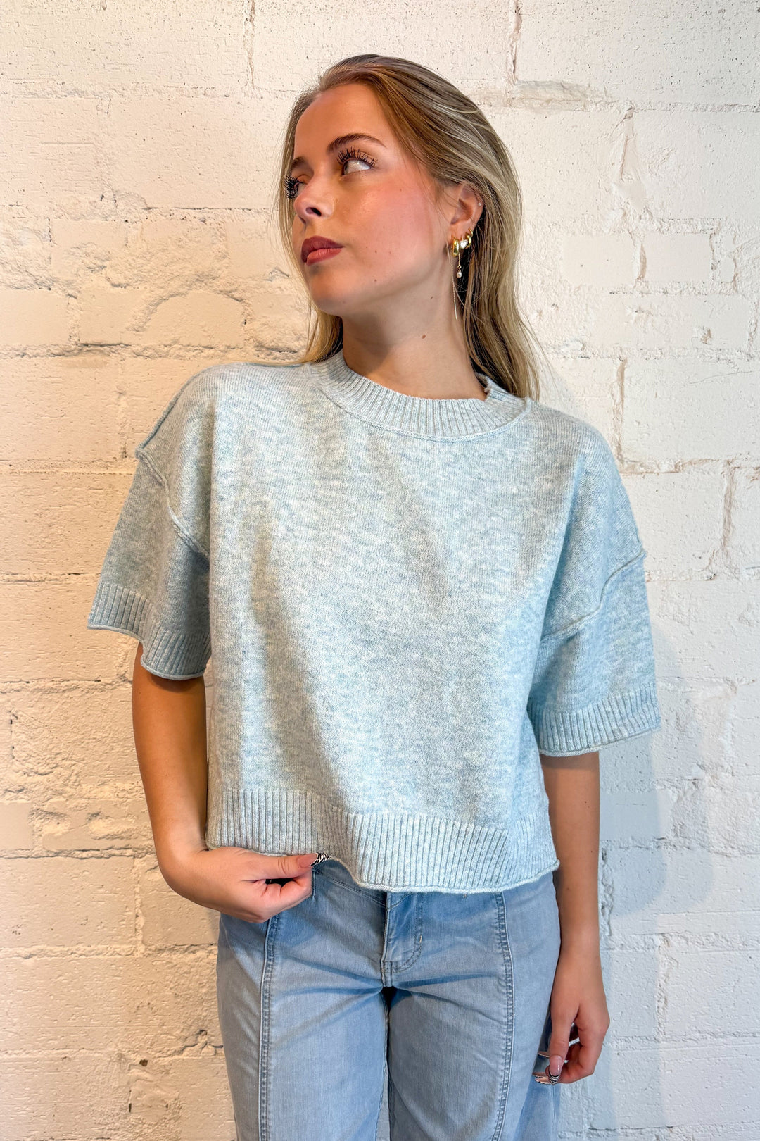 blue sweater, blue short sleeve sweater, light blue sweater