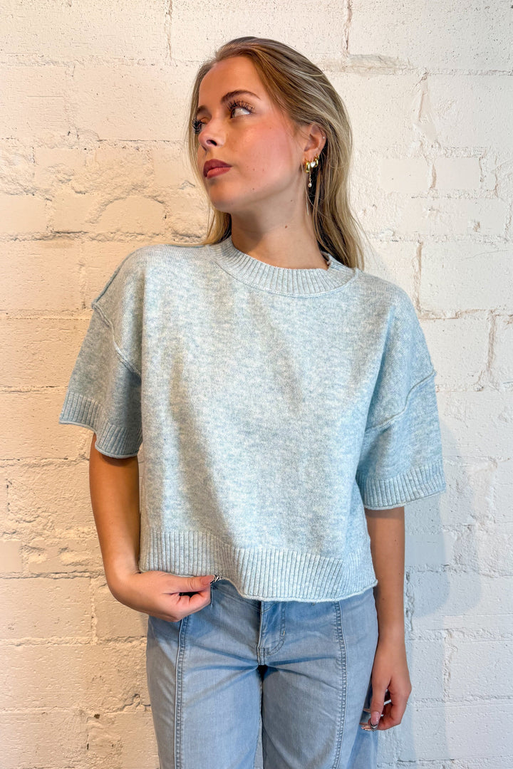 blue sweater, blue short sleeve sweater, light blue sweater