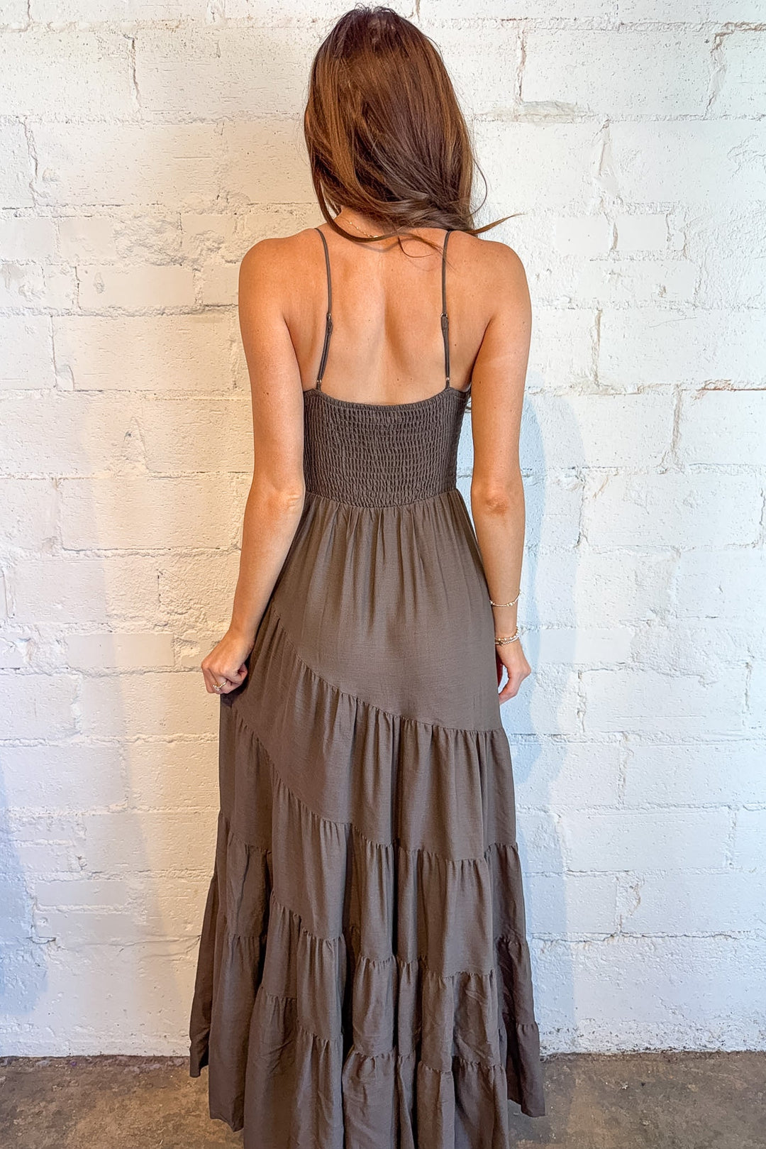 brown maxi dress, brown tiered maxi dress, brown maxi, dallas boutique