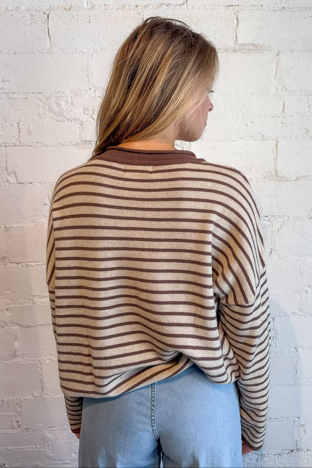 brown stripe sweater , stripe sweater, stripe henley sweater, dallas boutique 