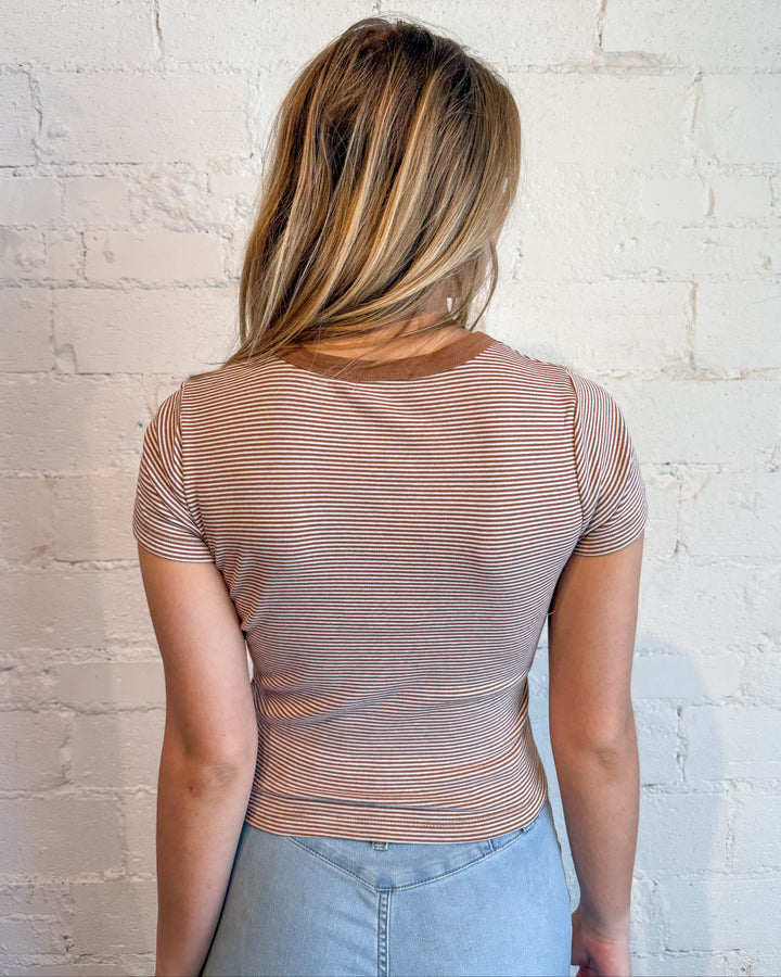 brown stripe top, stripe top, brown casual top, brown tee 