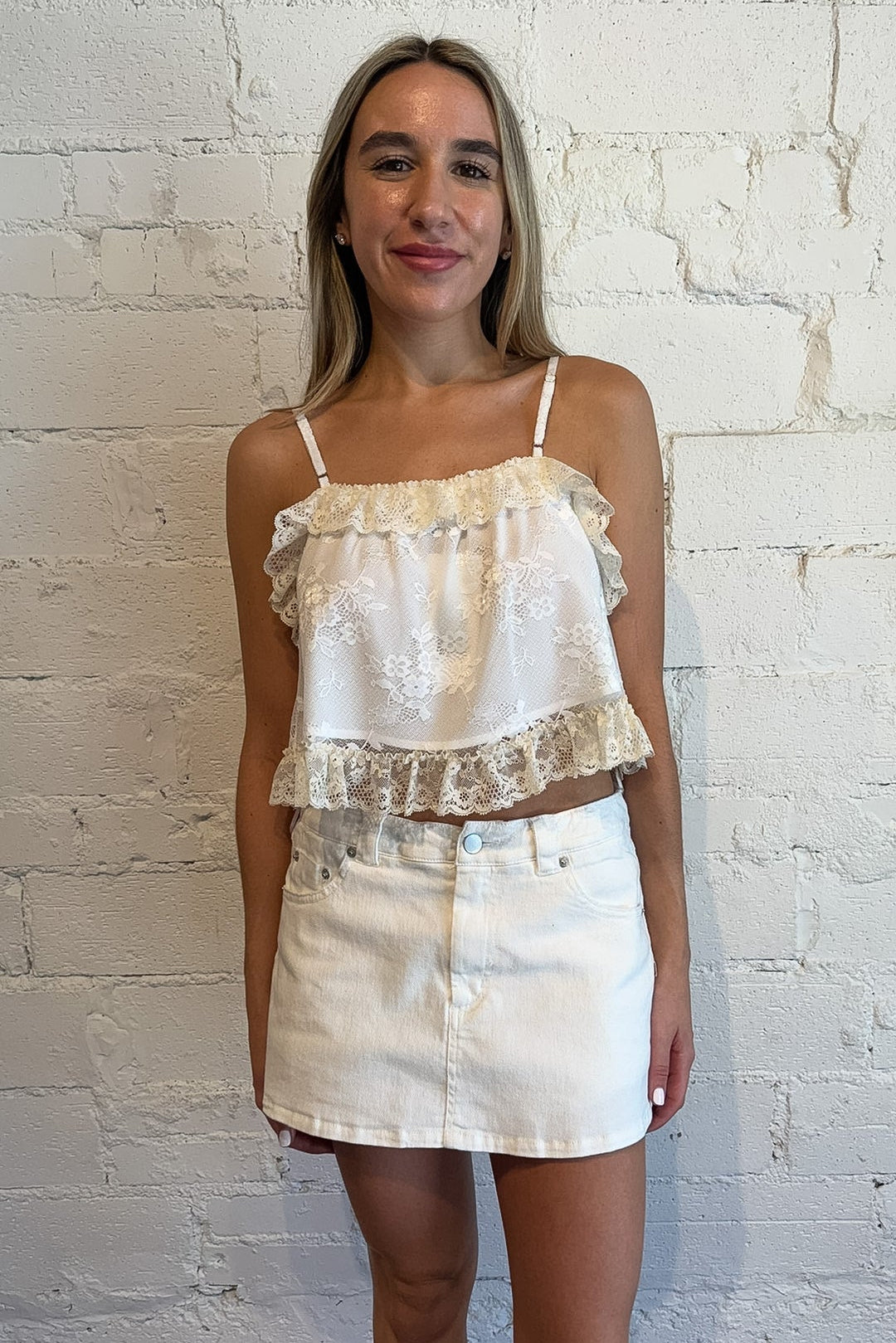 White denim mini skort with built-in shorts for women