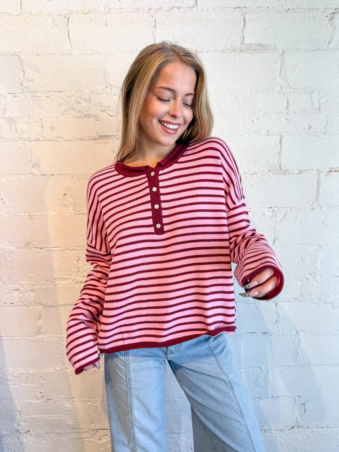 red and pink stripe stripe sweater , stripe sweater, stripe henley sweater, dallas boutique 